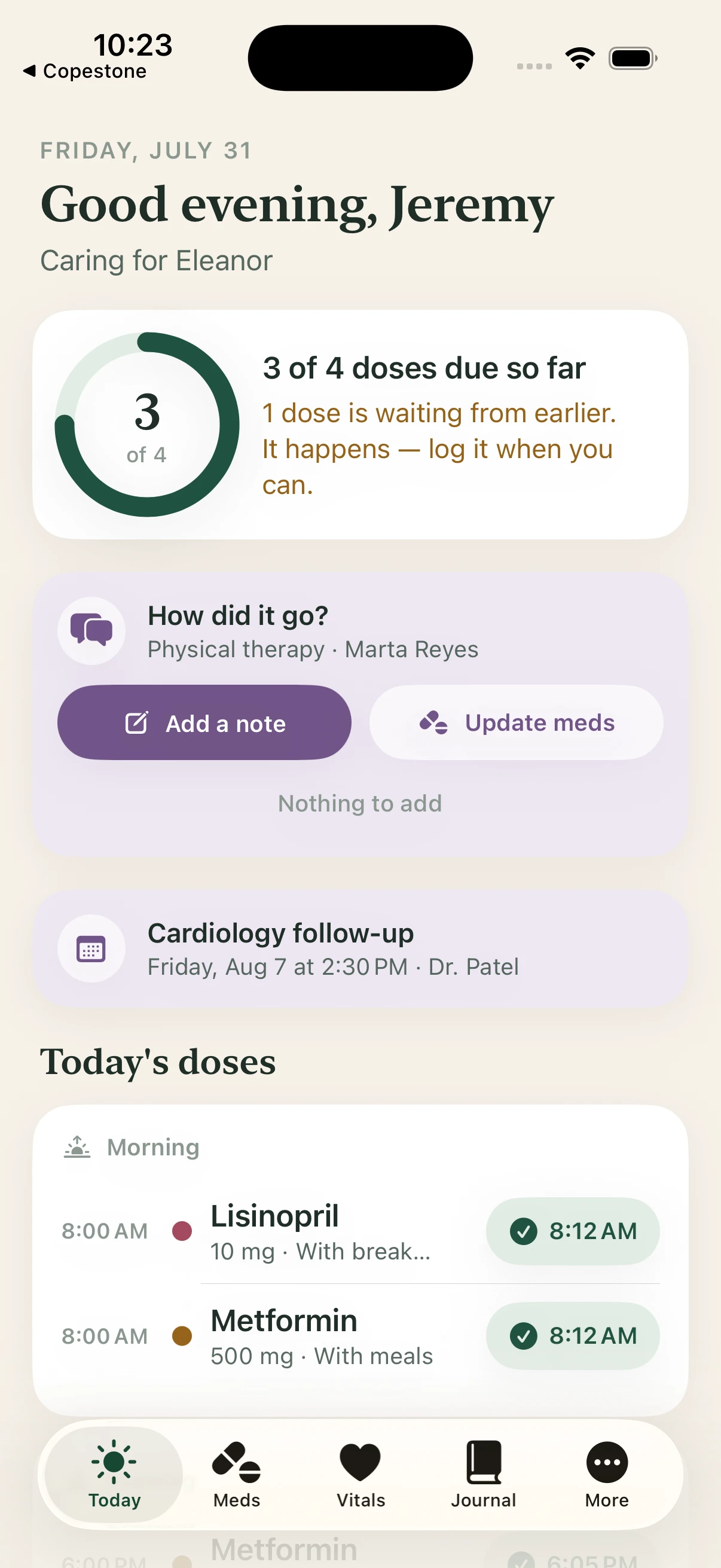 The Cariven Today screen, caring for Eleanor — three of four doses due so far, a prompt about a physical therapy visit, an upcoming cardiology follow-up, and this morning's logged doses