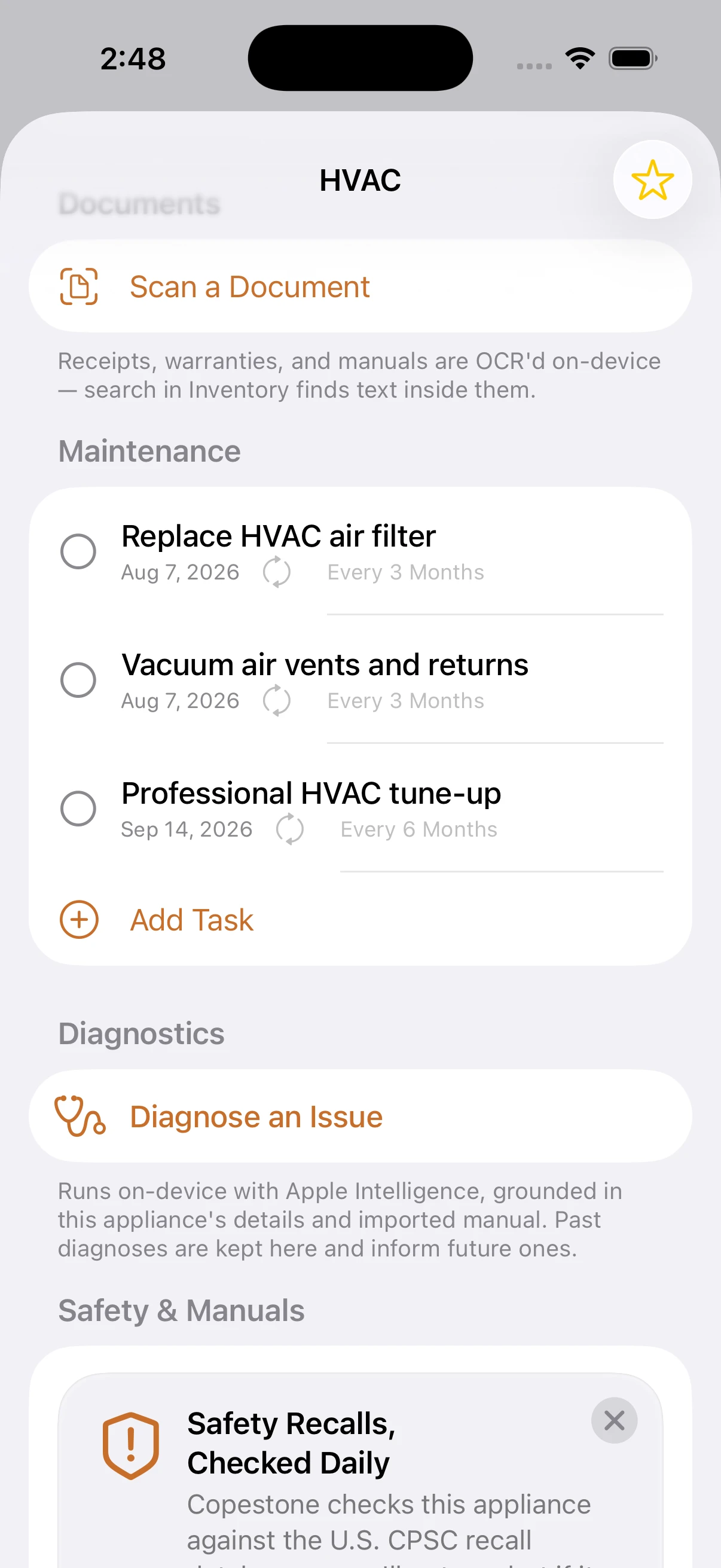 A Copestone appliance page showing its maintenance tasks, an on-device diagnostics panel and a safety recall card