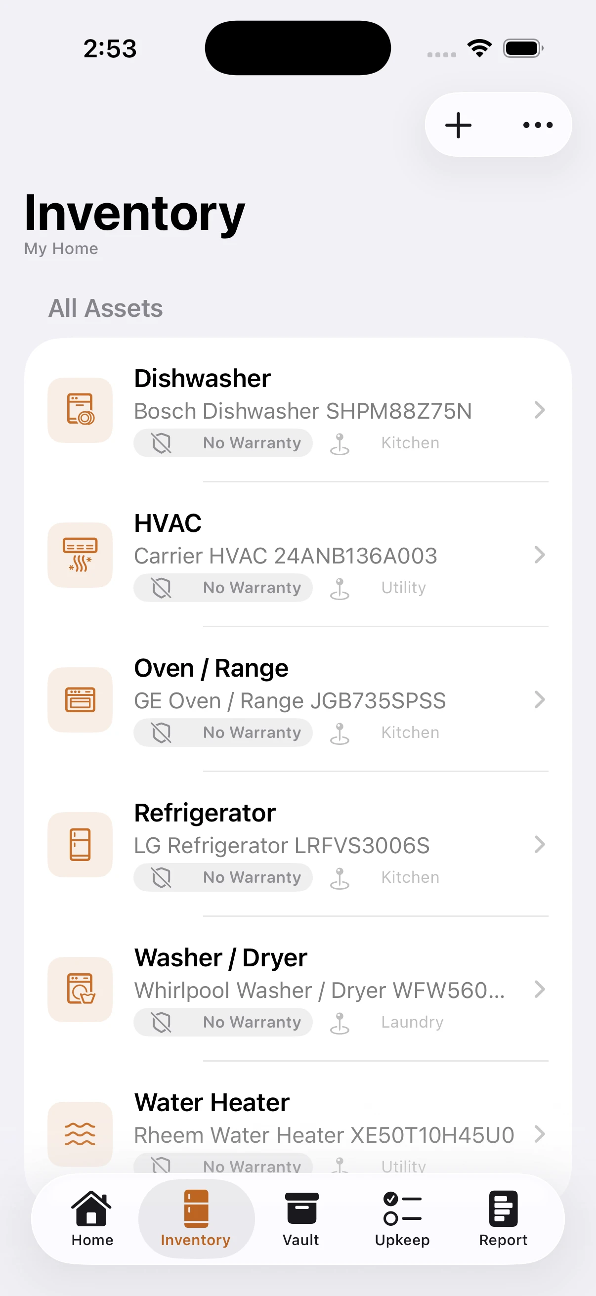 The Copestone inventory listing six appliances, each with its brand and model number — a Bosch dishwasher, a Carrier HVAC unit, a GE oven, an LG refrigerator, a Whirlpool washer dryer and a Rheem water heater