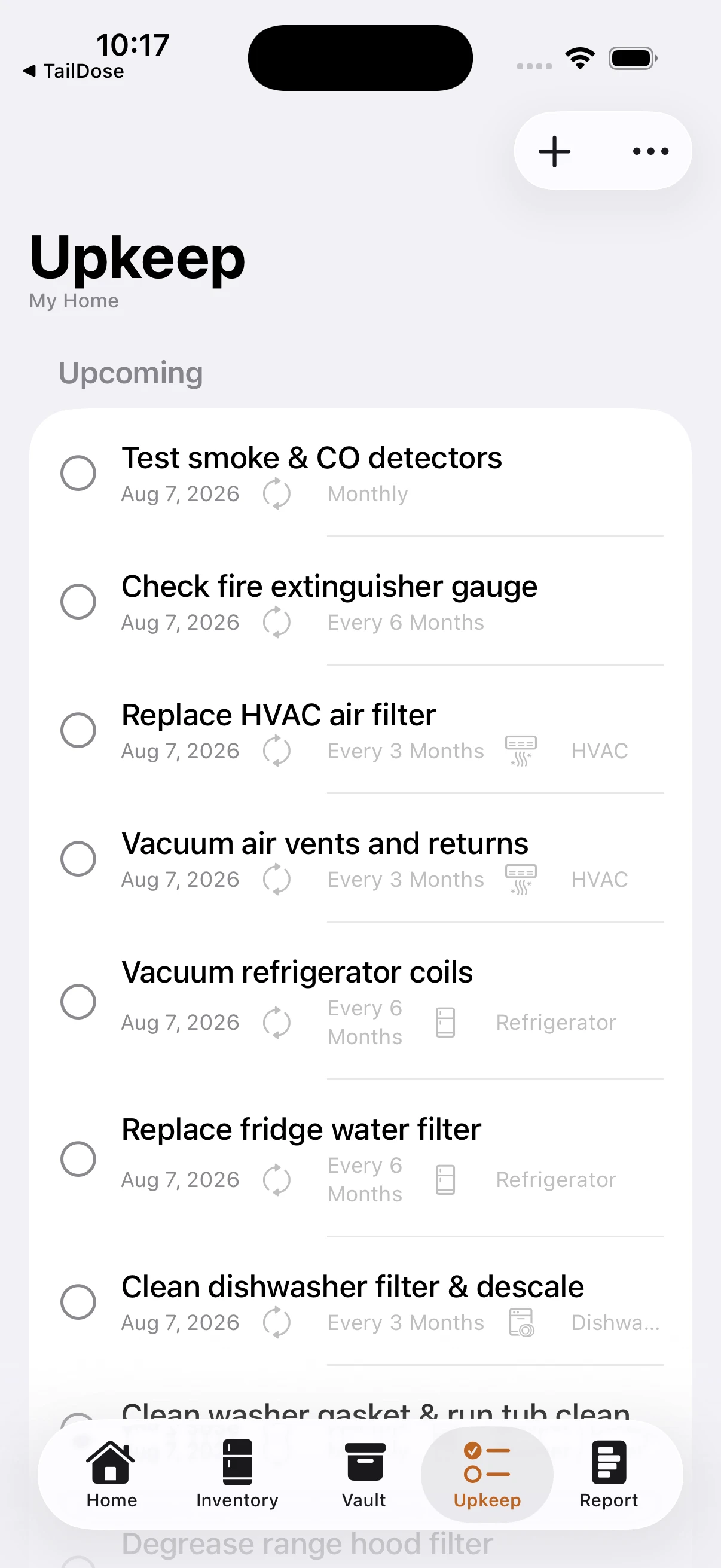 The Copestone upkeep list showing scheduled tasks — test smoke and CO detectors monthly, replace the HVAC air filter every three months, vacuum refrigerator coils every six months