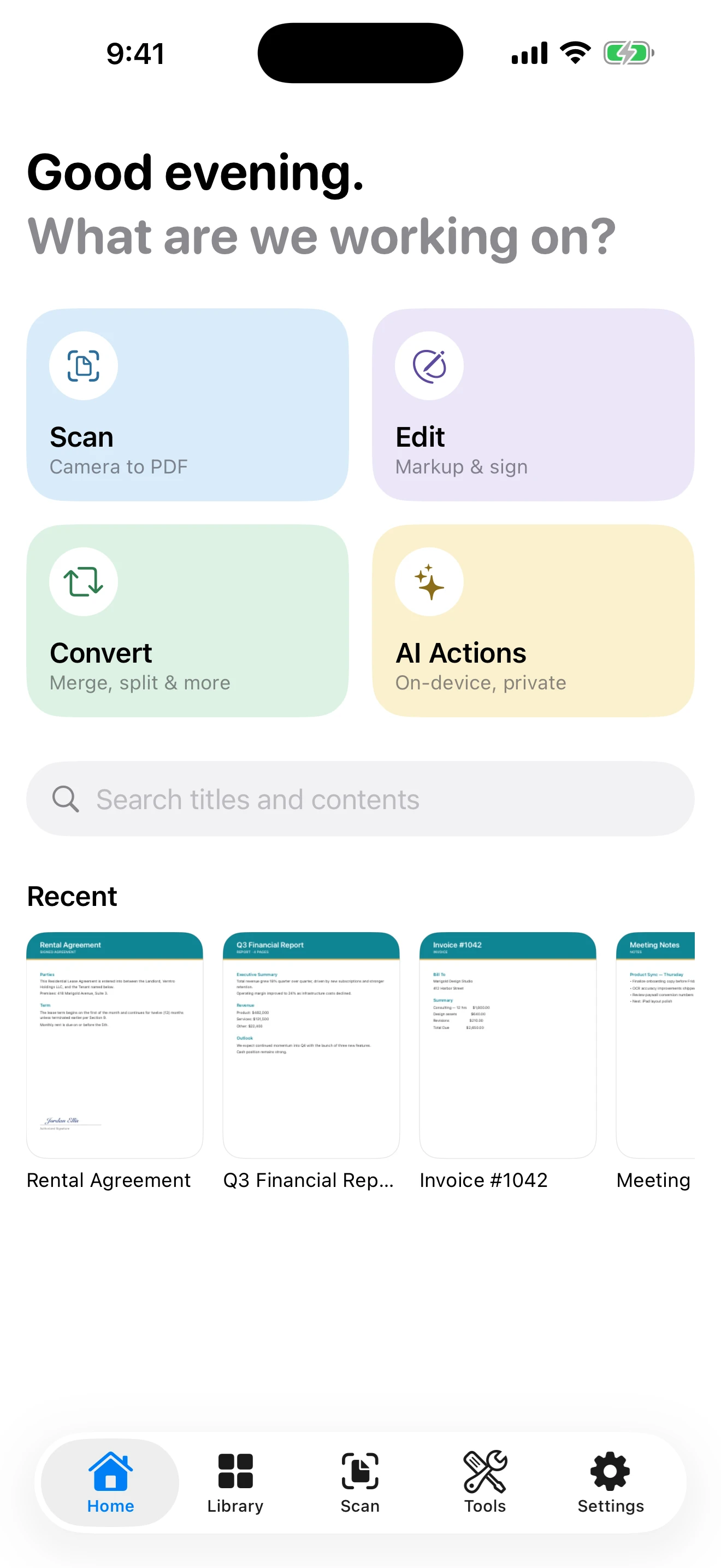 The DocLoft home screen with tiles for Scan, Edit, Convert and AI Actions, above a list of recent documents