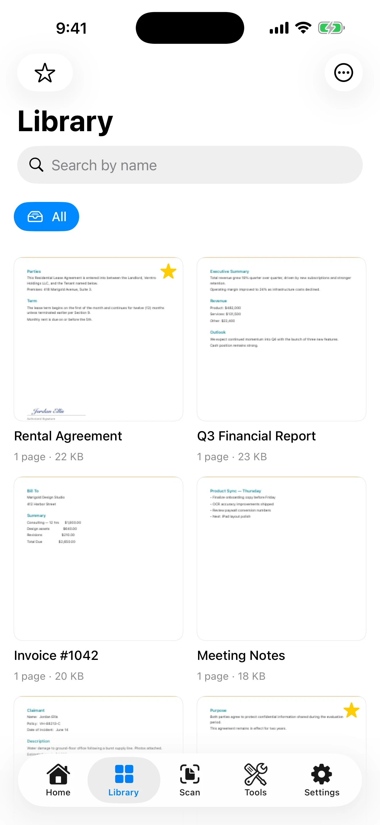 The DocLoft library showing saved documents including a rental agreement, a financial report and an invoice