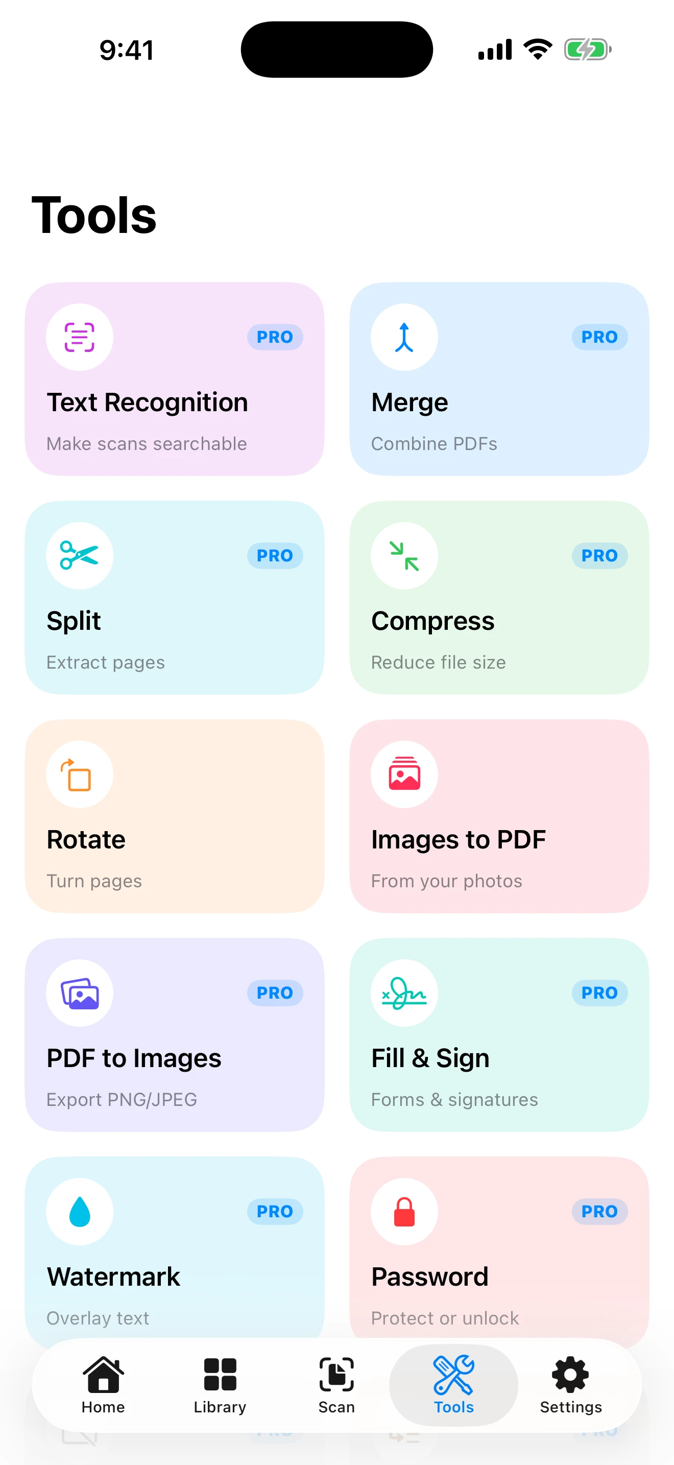 The DocLoft tools screen showing a grid of actions including text recognition, merge, split, compress, rotate, images to PDF, PDF to images, fill and sign, watermark and password