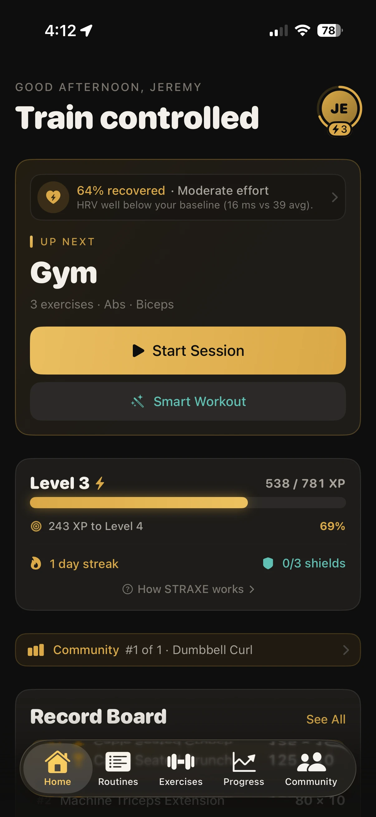 STRAXE on iPhone: the next session queued up with a start button and level progress