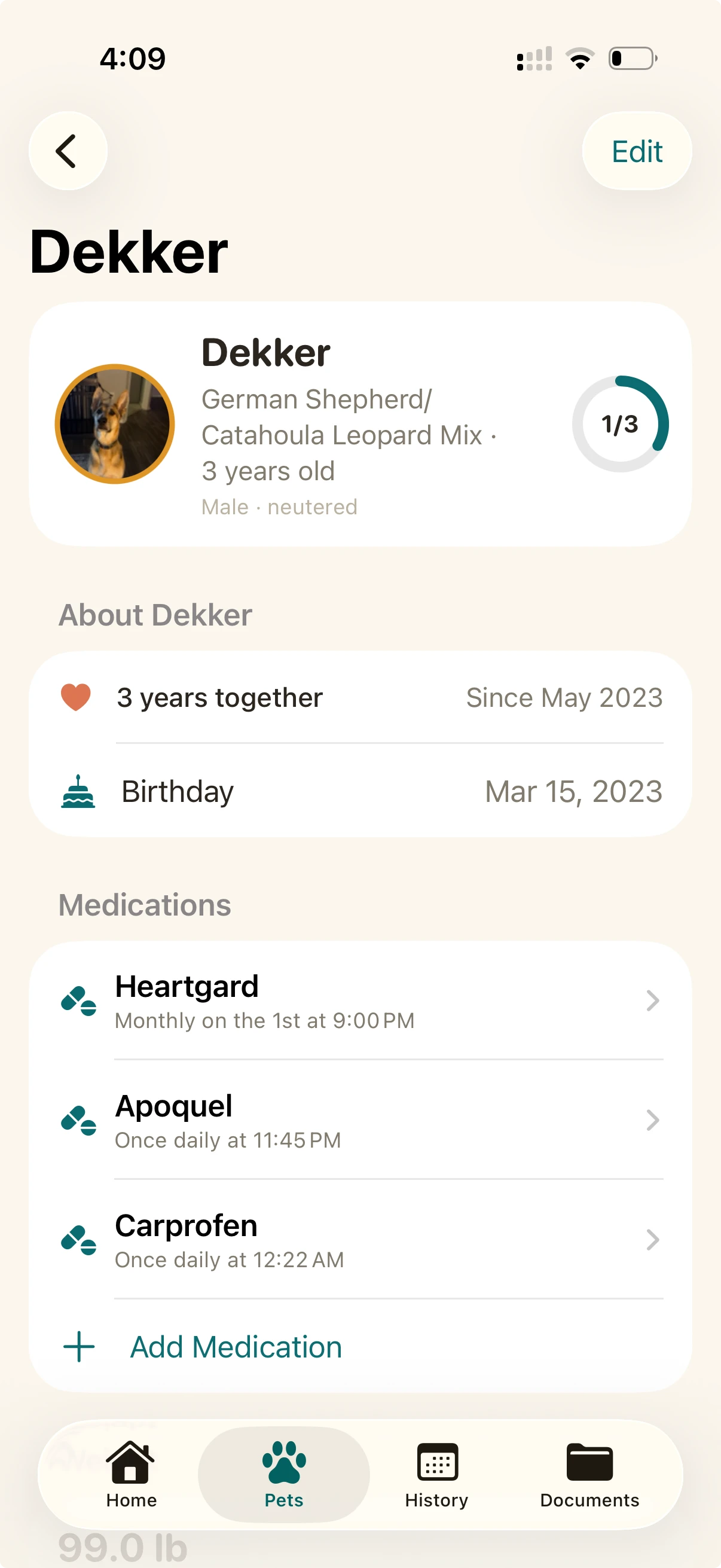 Dekker's profile in TailDose — a three-year-old German Shepherd cross, with his three medications and their schedules listed beneath