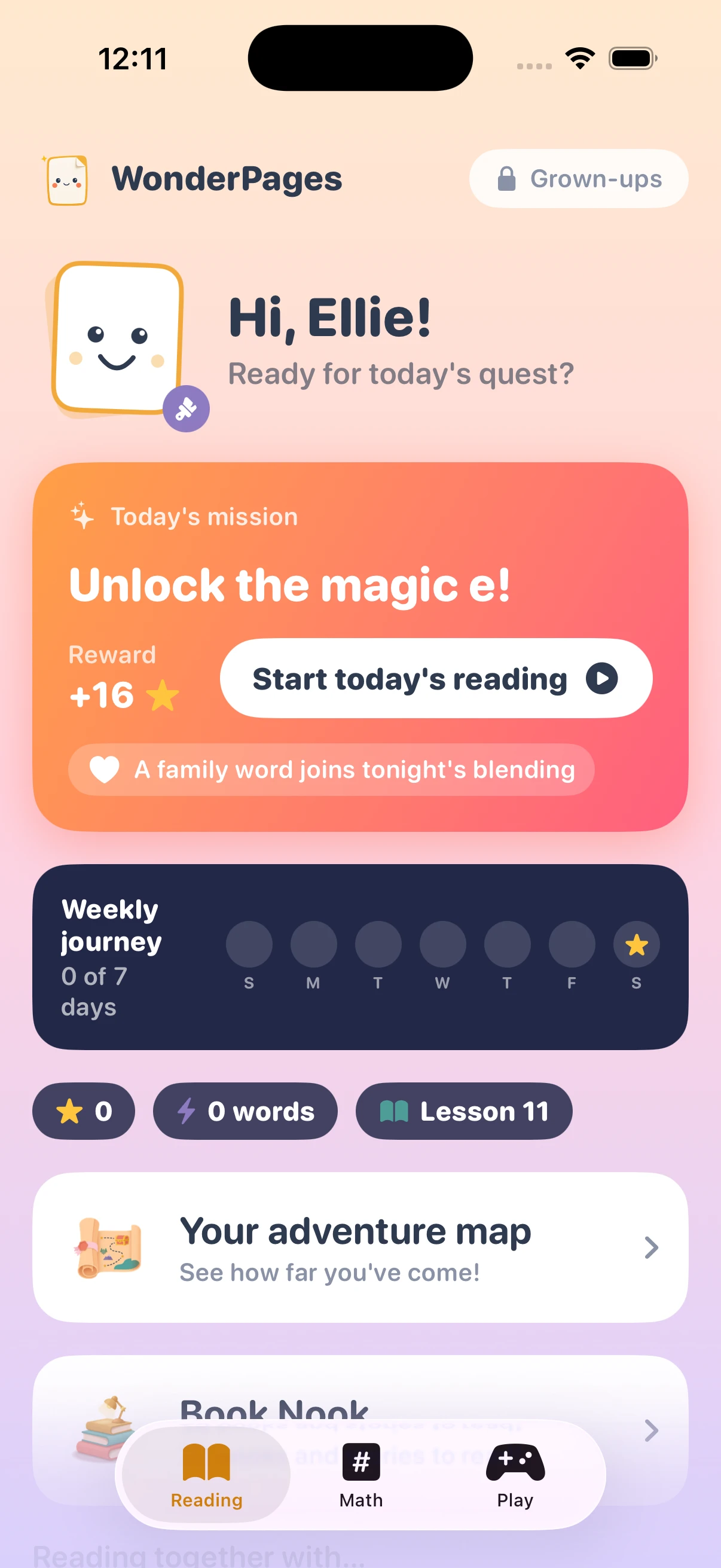 The WonderPages home screen greeting a child named Ellie, with today's mission — Unlock the magic e — a weekly journey tracker, and a note that a family word joins tonight's blending