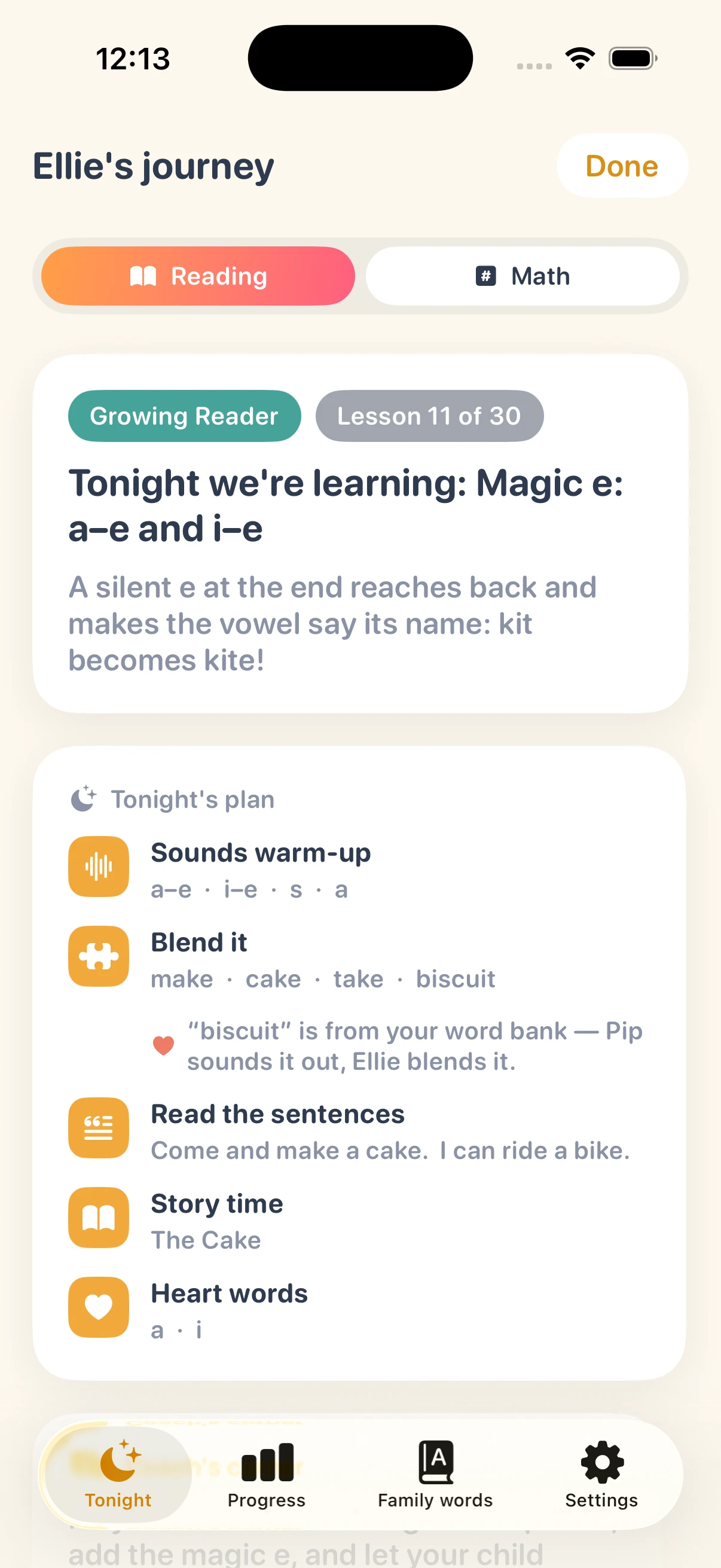 The WonderPages grown-ups section, showing progress and coaching tips